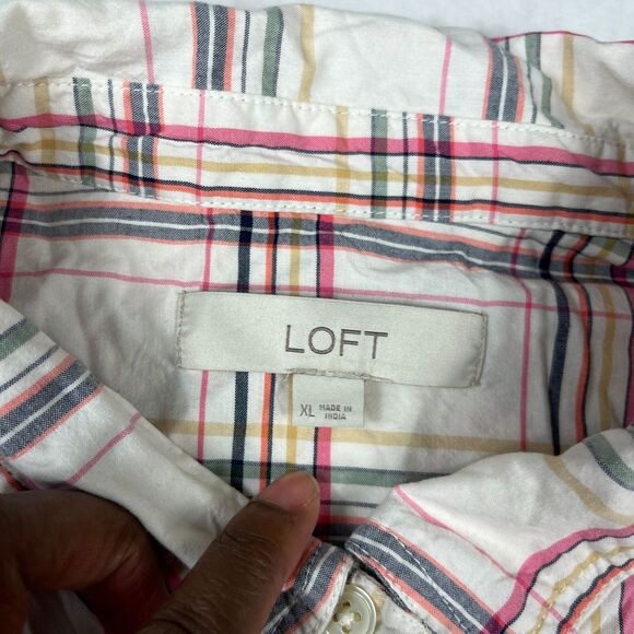 LOFT Womens Plaid Button Down Shirt XL Loose Fit Top Preppy Casual Cottagecore - Picture 5 of 11